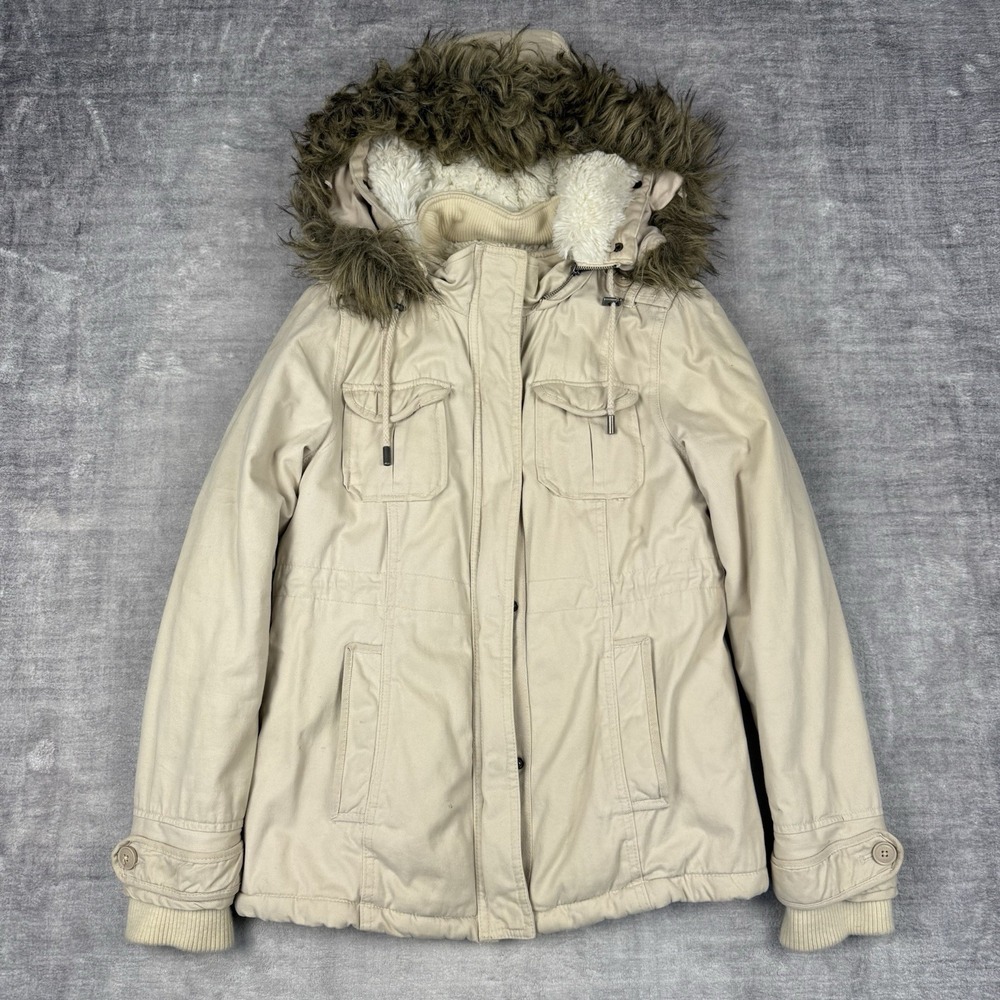 Aeropostale Jacket Womens Medium White Faux Fur Hood Y2K Sherpa Lined Preppy